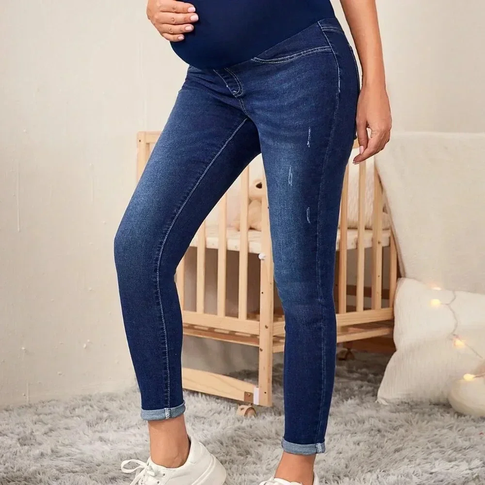 Dark Wash Women's Maternity High Waist Ripped Skinny Jeans